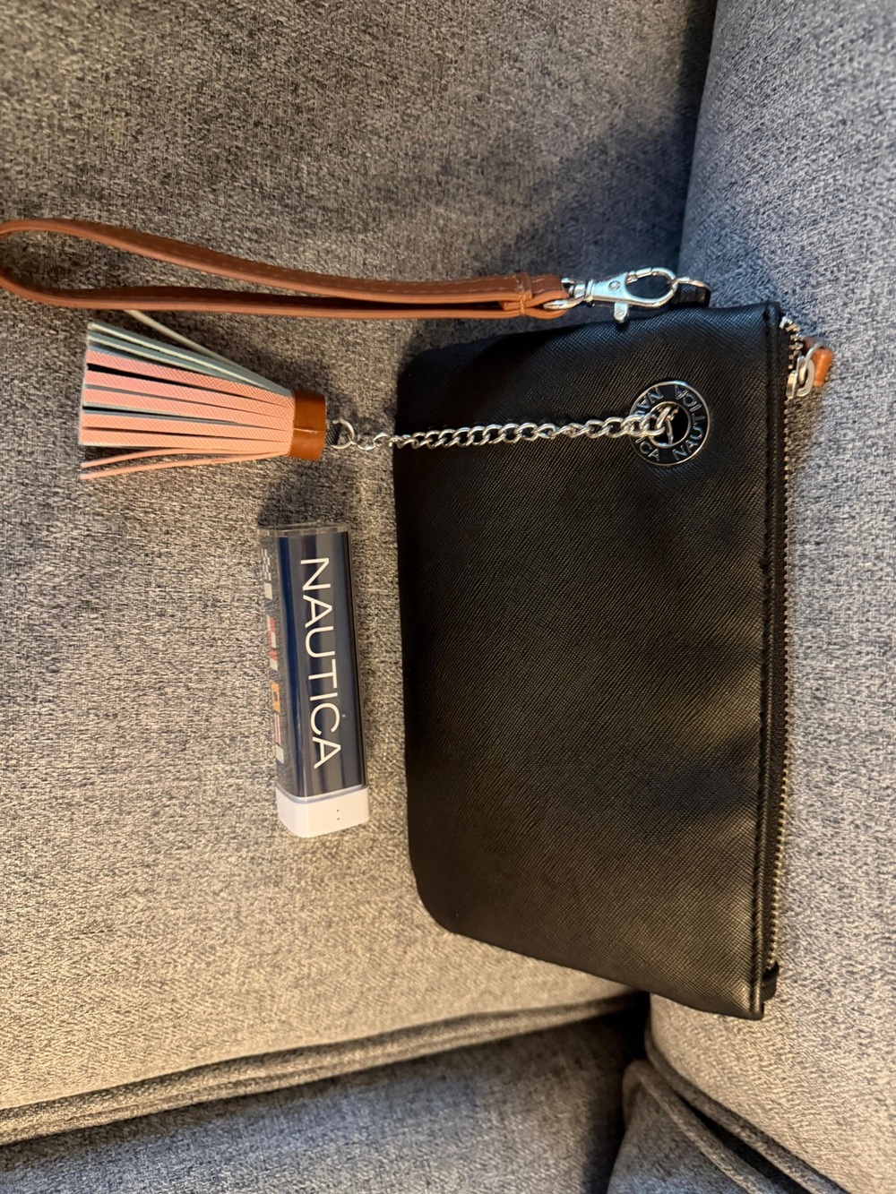 Nautica Black Wristlet with Pink Tassel and Brown Strap
